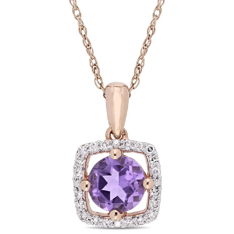 Women stylish pendant necklaces -Miadora 10k Rose Gold Amethyst and 1/10ct TDW Diamond Floating Square Halo Dangle Necklace