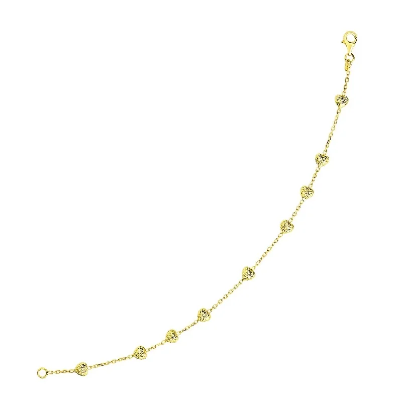 Women oversized bangles and bracelets -14k Yellow Gold Chain Bracelet with Puffed Diamond Cut Heart Stations