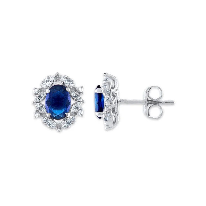 Women bohemian earrings -7X5MM Oval Sapphire and Diamond Stud Earrings in 10KT White Gold