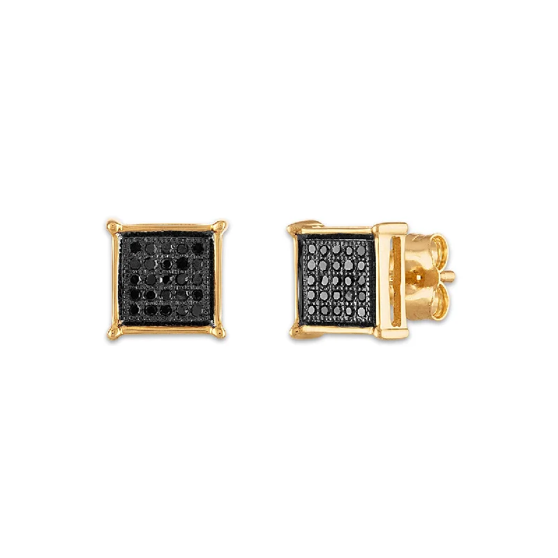 Women custom earrings -1/6 CTW Diamond Cluster Stud Treated Black Earrings in 10KT Yellow Gold