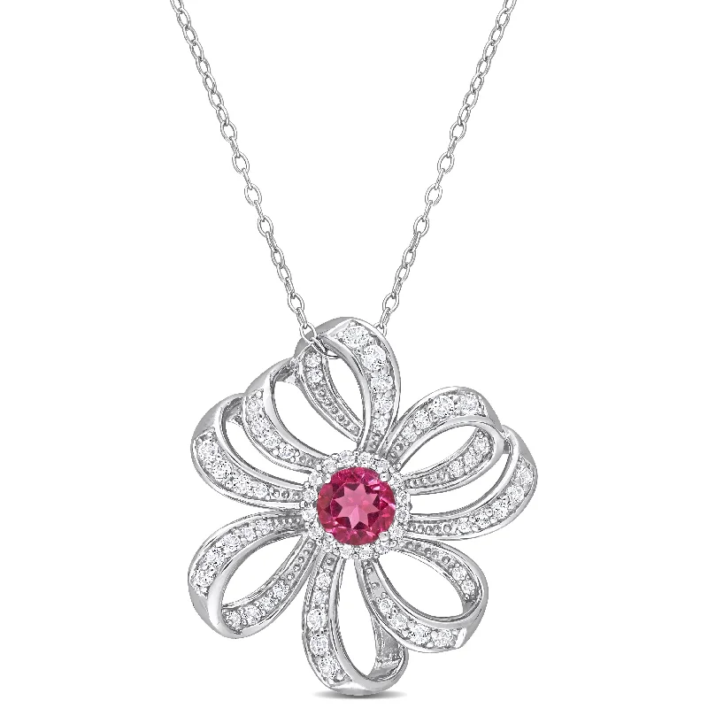 Women long necklaces -Miadora Pink Topaz and White Topaz Floral Necklace in Sterling Silver