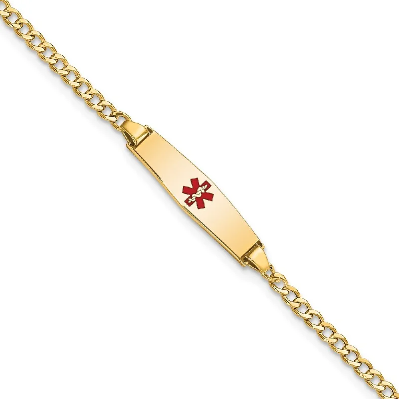 Women stackable bangles and bracelets -14k Yellow Gold 5.5mm Medical Semi-Solid Soft Diamond Shape Red Enamel ID Cuban Bracelet, 6"