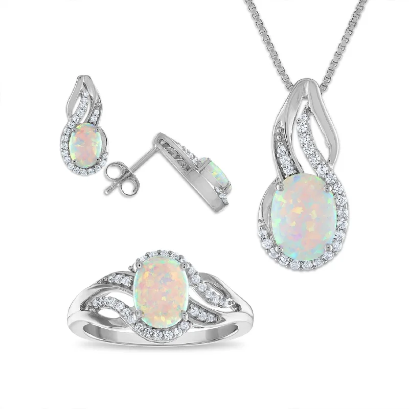 Custom earrings for women -Opal and White Sapphire Halo Ring Pendant Earrings Set In Sterling Silver