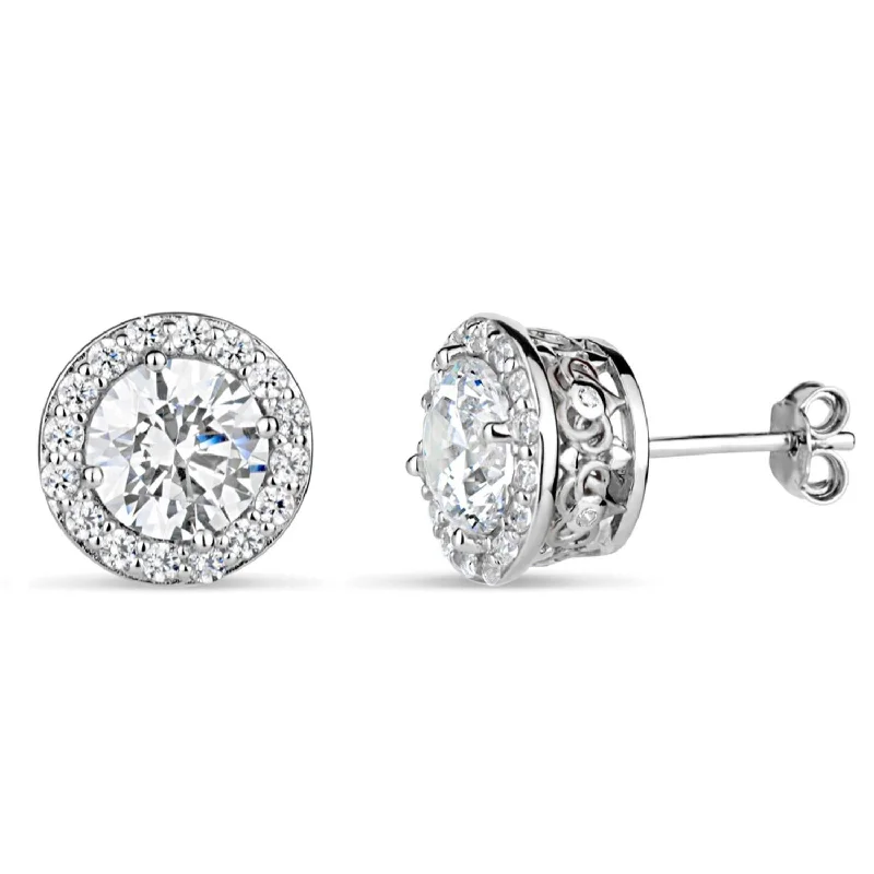 Women sparkly earrings -Sterling Silver 7MM Round Cubic Zirconia Halo Stud Earrings