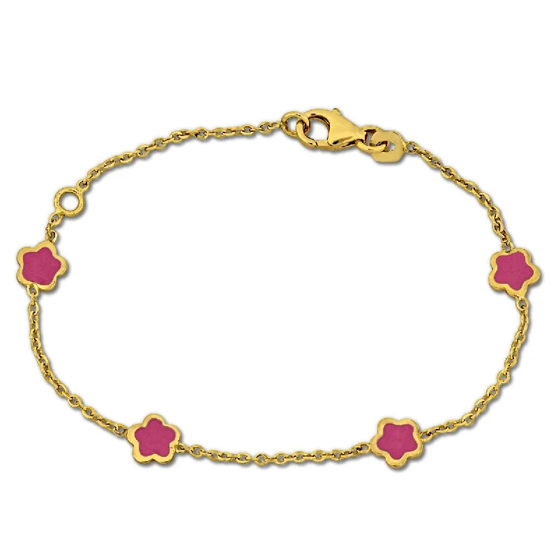 Women charm bangles and bracelets -Miadora Dark Pink Enamel Flower Bracelet 14K Yellow Gold