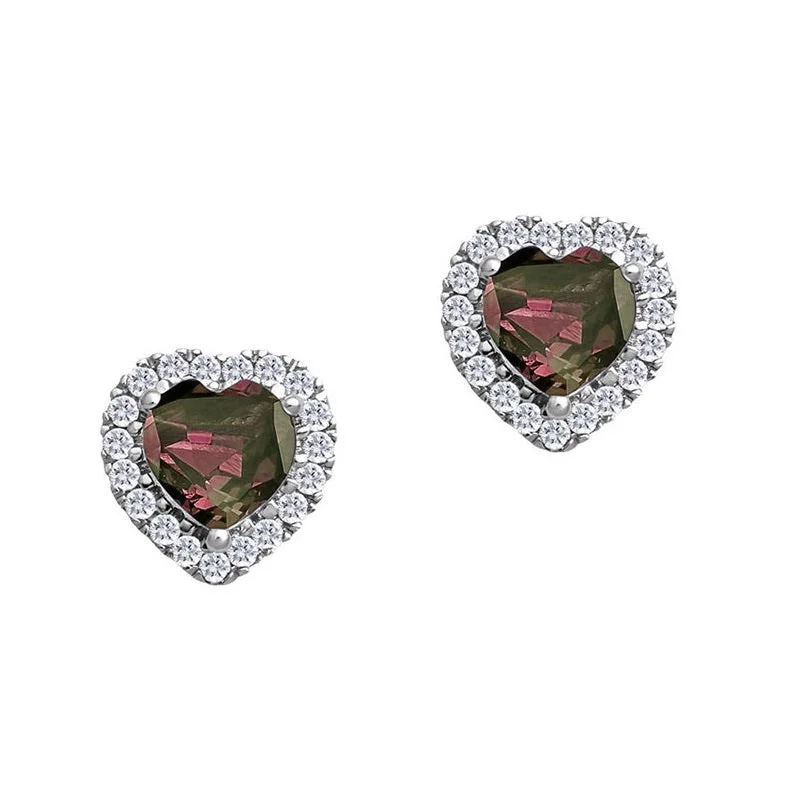 Women vintage gold earrings -5MM Heart Shape Alexandrite and White Sapphire Birthstone Halo Stud Earrings in 10KT White Gold