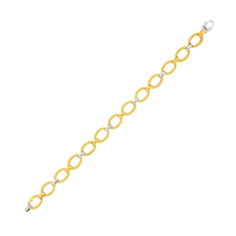 Women stackable silver bangles and bracelets -14k Two-Tone Gold Chain Bracelet with Textured Oval Links