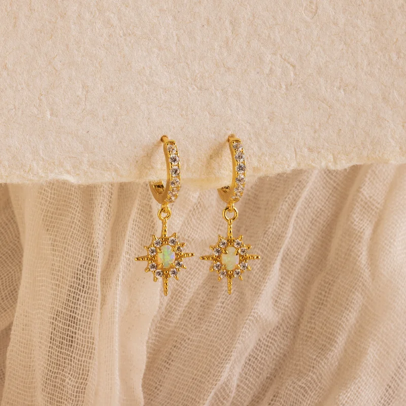 Women beaded earrings -Pave Opal Star Huggies