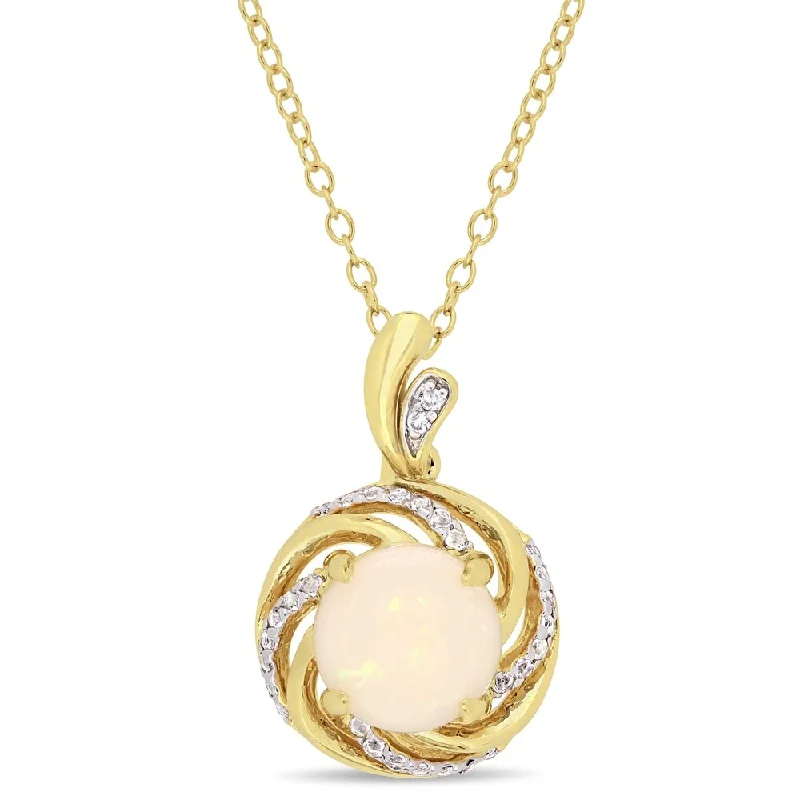 Women long necklaces -Miadora Yellow Plated Sterling Silver Opal White Topaz and Diamond Swirl Halo Necklace