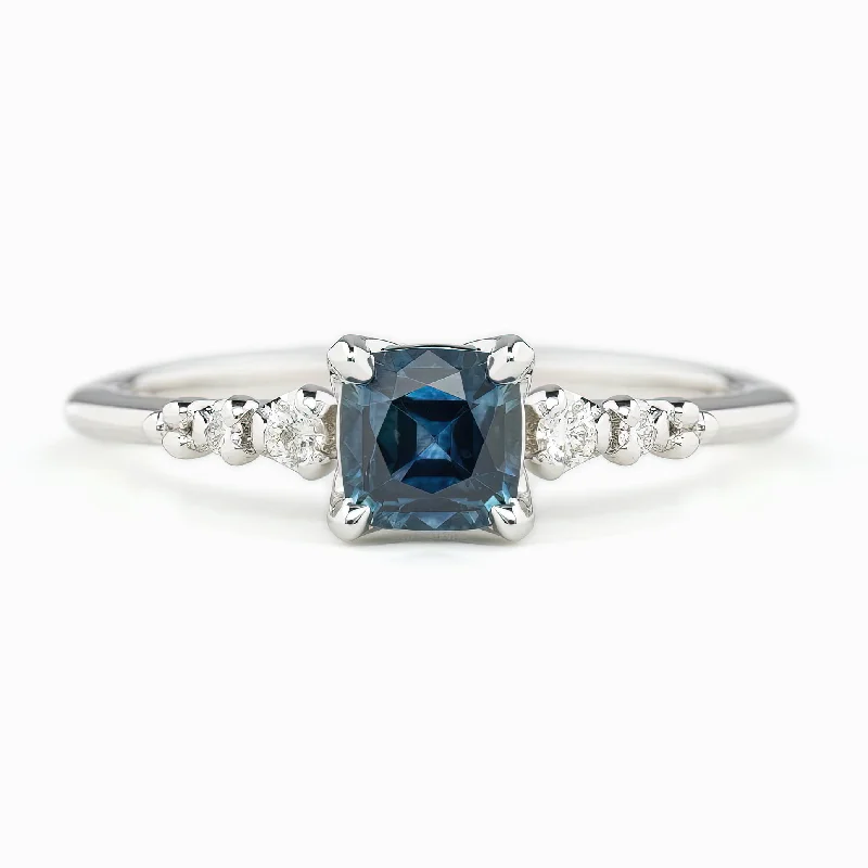 Women pearl engagement rings -Estel Fleur Four Prongs Ring, 0.72ct Blue Montana Sapphire, 14k White Gold (One of a kind)