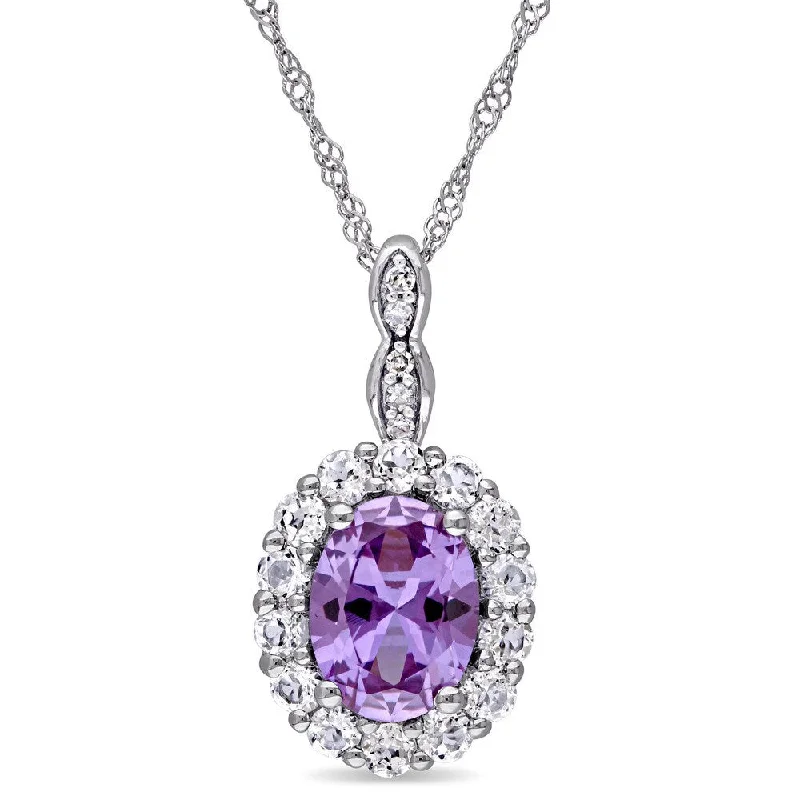 Silver necklaces for women -Miadora 14k White Gold Created Alexandrite and White Topaz Diamond Accent Oval Shaped Halo Necklace (G-H, I1-I2) - Purple