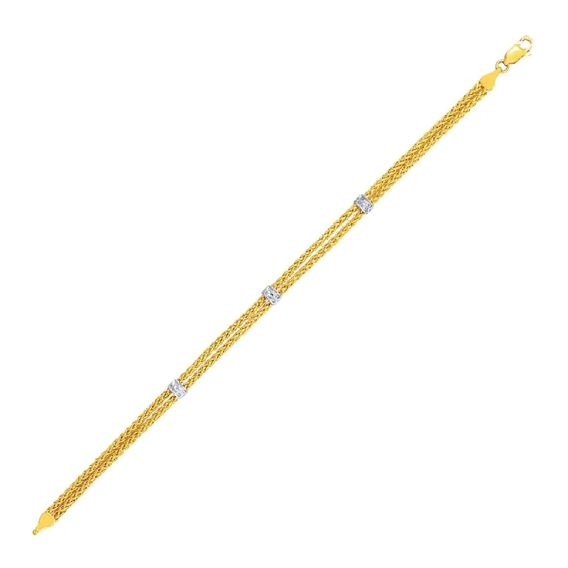 Women trendy bangles and bracelets -14k Two-Tone Gold Dual Wheat Chain Bracelet with Diamond Stations (.02 cttw)