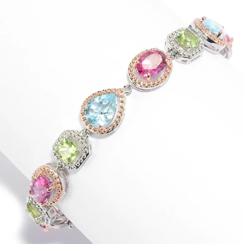 Women gemstone and silver bangles and bracelets -925 Sterling Silver Peridot,Pink Topaz,Sky Blue Topaz Bracelet