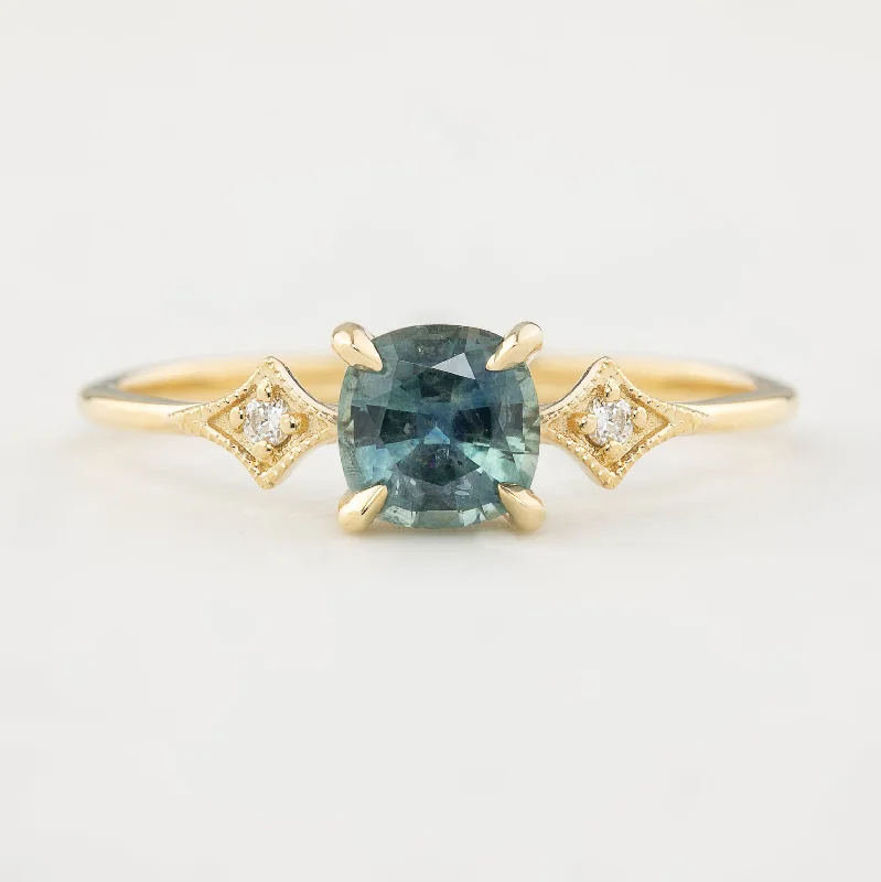 Women vintage engagement rings -Charlene Ring 0.92ct Blue Green Cushion Cut Montana Sapphire (One of a kind)