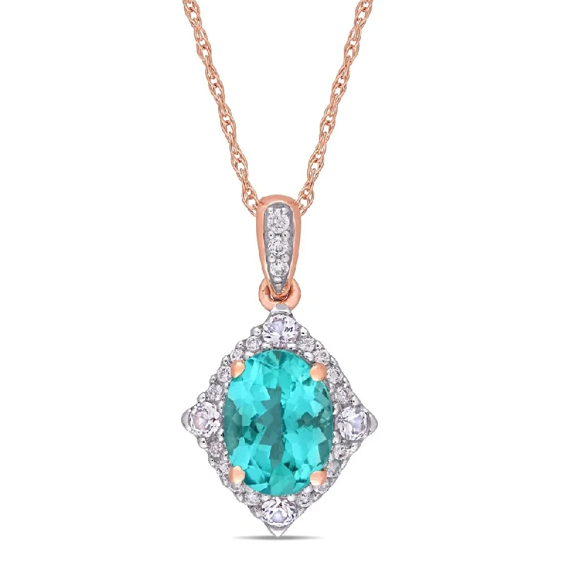 Women gemstone charm necklaces -Miadora 10k Rose Gold Oval-Cut Apatite White Sapphire 1/10ct TDW Diamond Halo Necklace