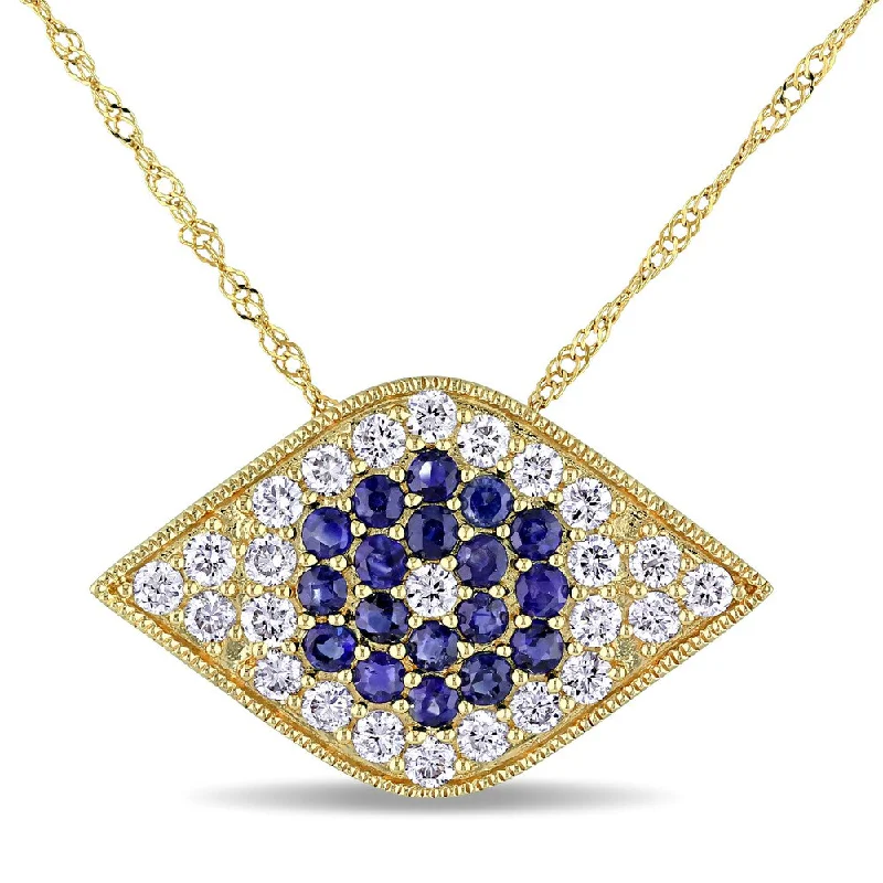 Women oval pendant necklaces -Miadora Signature Collection 14k Yellow Gold Sapphire and 5/8ct TDW Diamond Evil Eye Necklace (G-H, SI1-SI2) - Blue