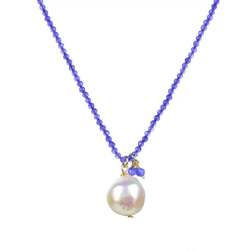 Women layered necklaces -Gold over Sterling Silver Freshwater Pearl & Tanzanite Necklace