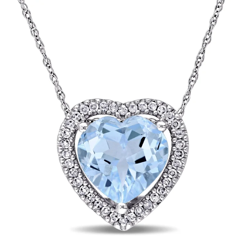 Women statement necklaces -Miadora 10k White Gold Blue Topaz and 1/5ct TDW Diamond Heart Halo Necklace (H-I, I2-I3)