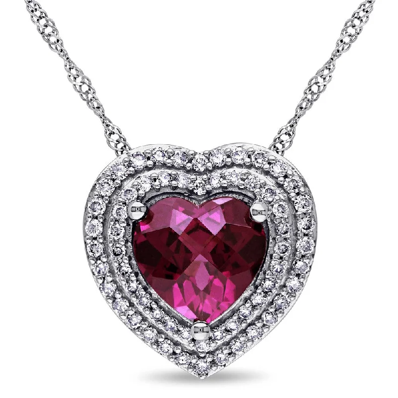 Women adjustable necklaces -Miadora Signature Collection 14k White Gold Rhodolite 1/4ct TDW Diamond Double Halo Heart Necklace (G-H, SI1-SI2)