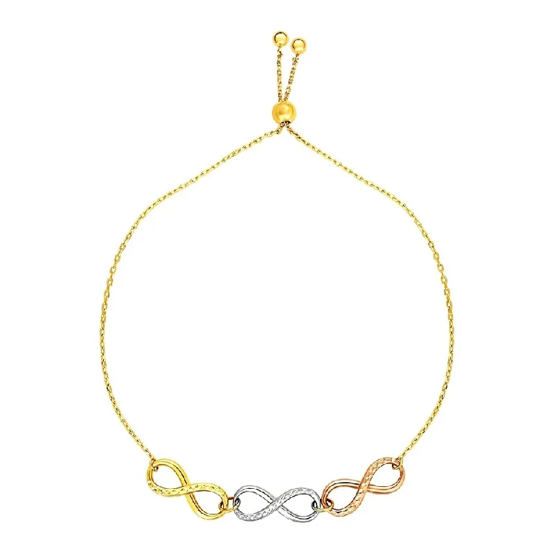 Women gold-plated bangles and bracelets -Adjustable Bracelet with Infinity Symbols in 14k Tri Color Gold