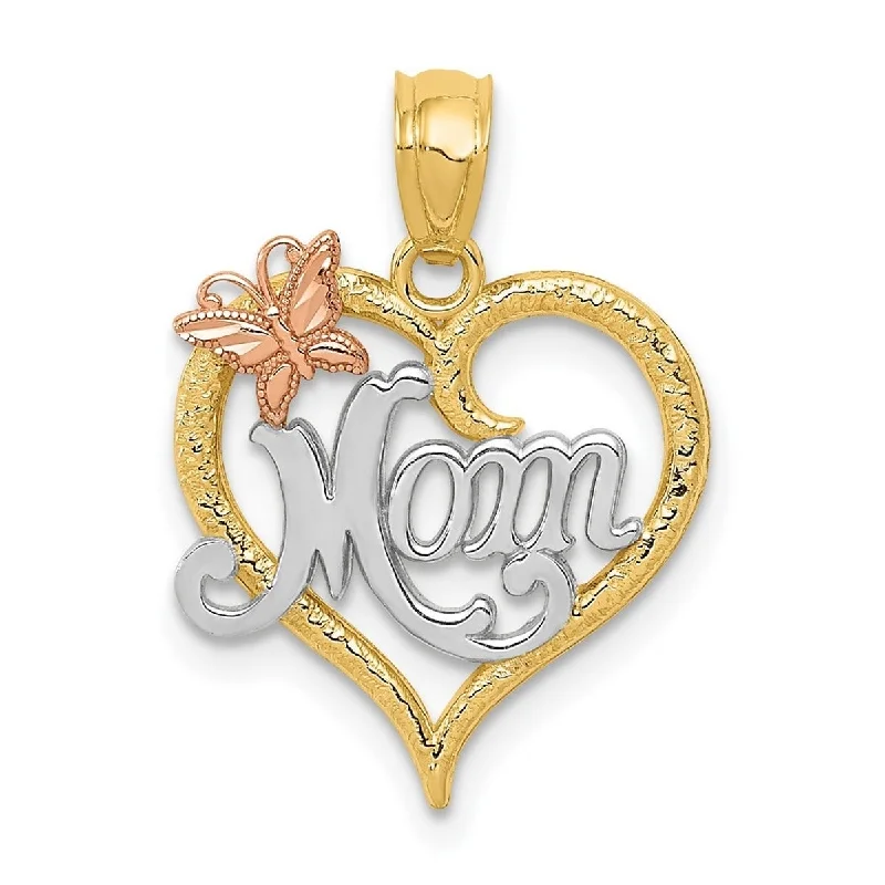 Women crystal necklaces -Curata 14k Two-Tone Gold 18" Mom Heart and Butterfly Pendant Necklace - 20x15mm