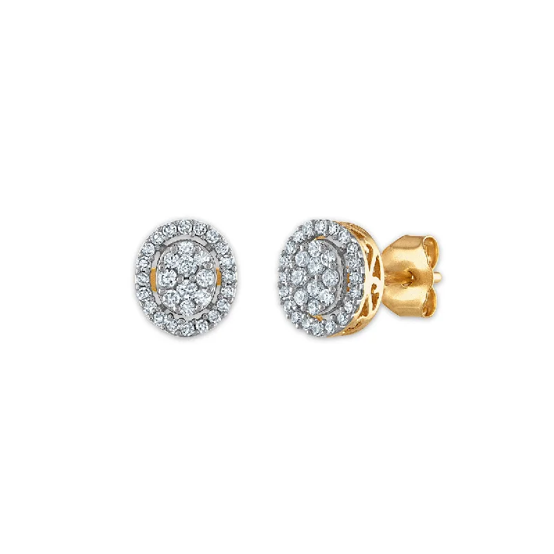 Women luxurious earrings -Red Hot Deal  1/4 CTW Diamond Halo Cluster Stud Oval Shape Earrings in 10KT Yellow Gold