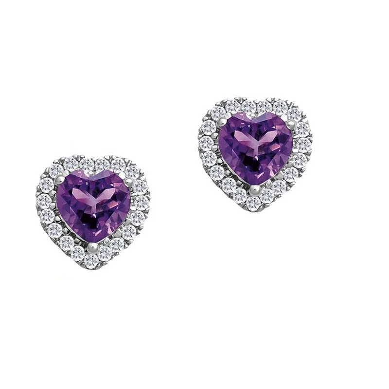 Women gemstone stud earrings -5MM Heart Shape Amethyst and White Sapphire Birthstone Halo Stud Earrings in 10KT White Gold