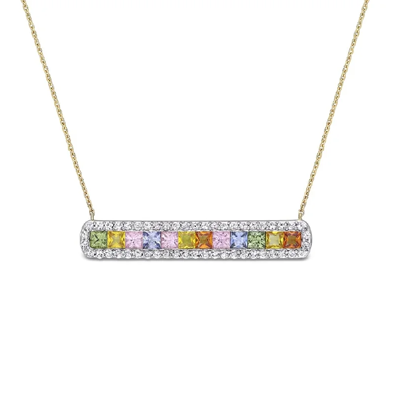 Women nature-inspired necklaces -Miadora 14k Yellow Gold Square-Cut Multi-Color Sapphire Studded Bar Necklace