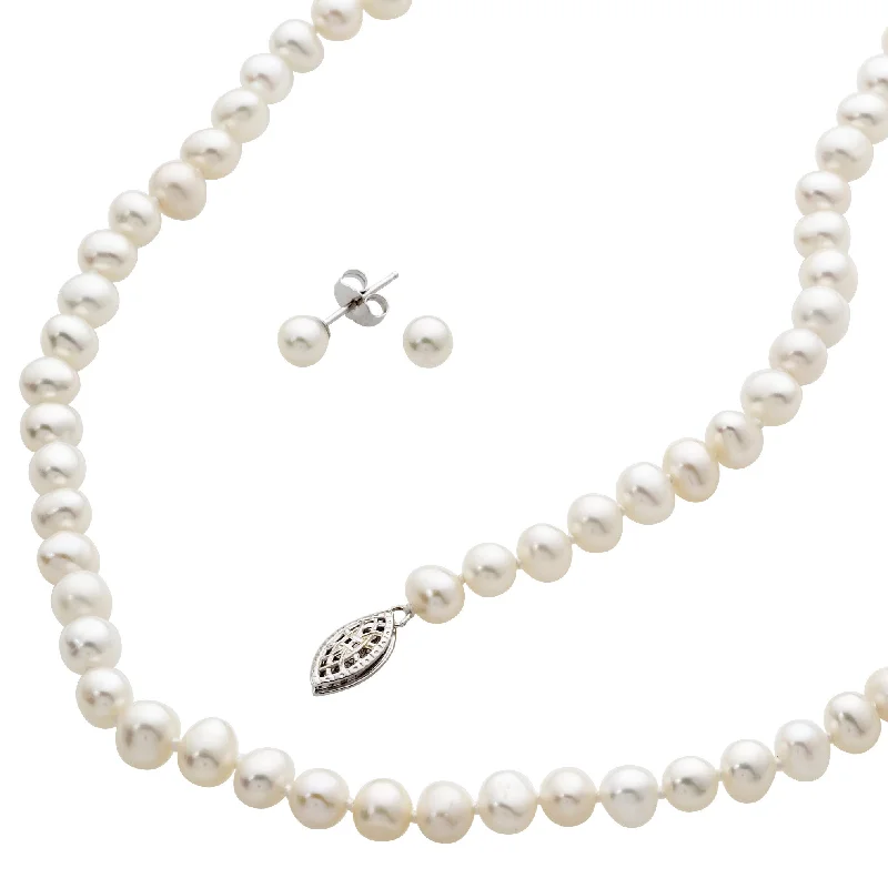 Women twisted chain necklaces -Freshwater White Pearl Earring, Bracelet & Necklace Set