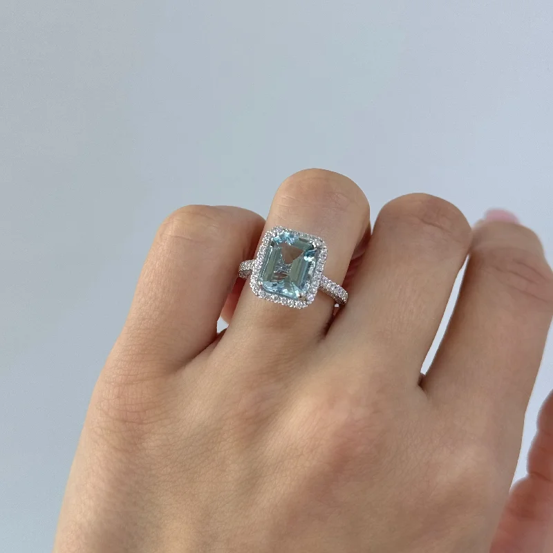 Women handcrafted engagement rings -Step-Cut Aquamarine and 3D Diamond Ring