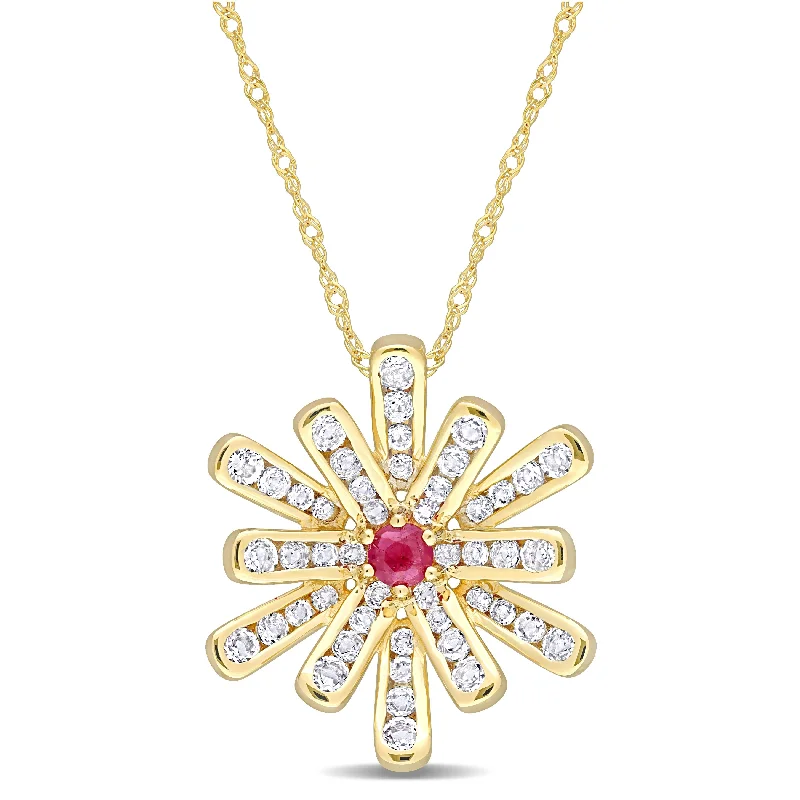 Women custom birthstone necklaces -Miadora Ruby and White Topaz Floral Necklace in 10k Yellow Gold