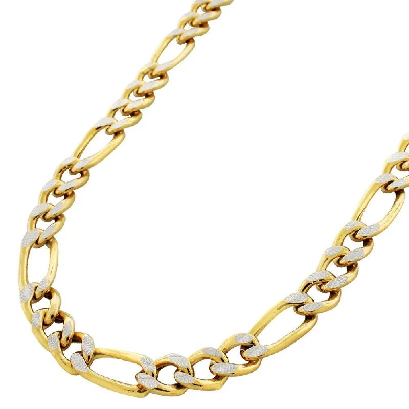 Women charm and gemstone necklaces -10k Yellow Gold 8mm Hollow Figaro Link Diamond Cut Two-Tone Pave Necklace Chain 22" - 30"