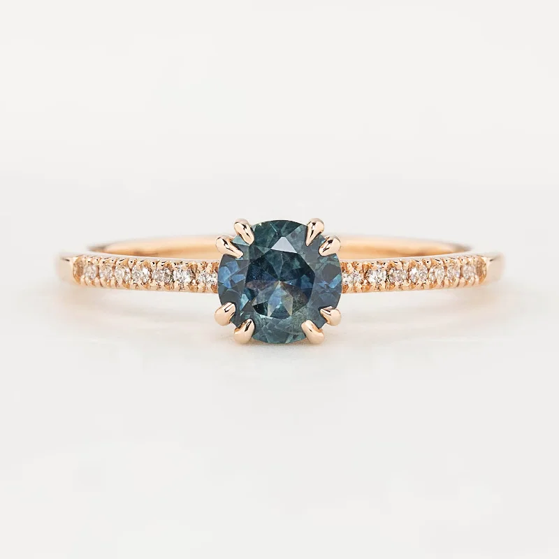 Women retro engagement rings -Sabrina Ring 0.76ct Teal Blue Round Montana Sapphire, 14k Rose Gold (One of a kind)