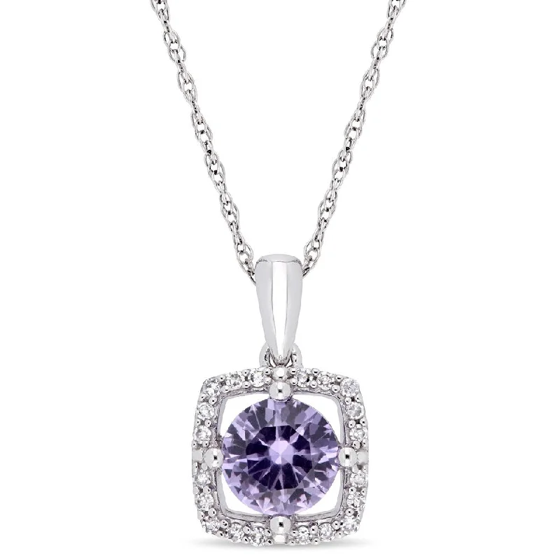 Women chunky necklaces -Miadora 10k White Gold Created Alexandrite 1/10ct TDW Diamond Floating Square Halo Necklace