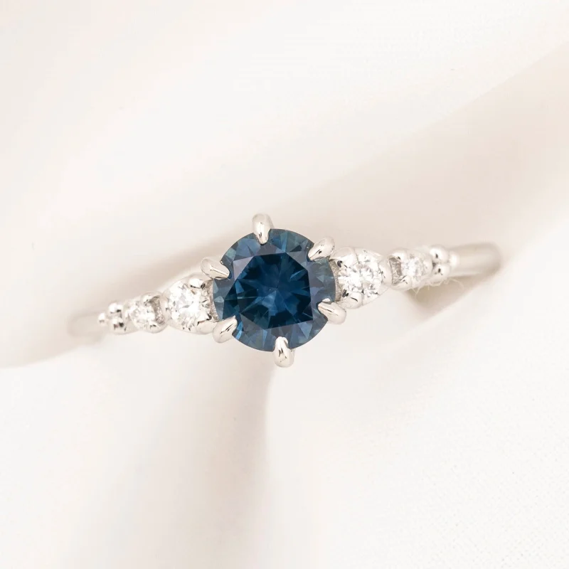 Women pearl and diamond engagement rings -Estel Fleur Six Prongs Ring 0.75ct Blue Green Montana Sapphire, 14k White Gold (One of a kind)