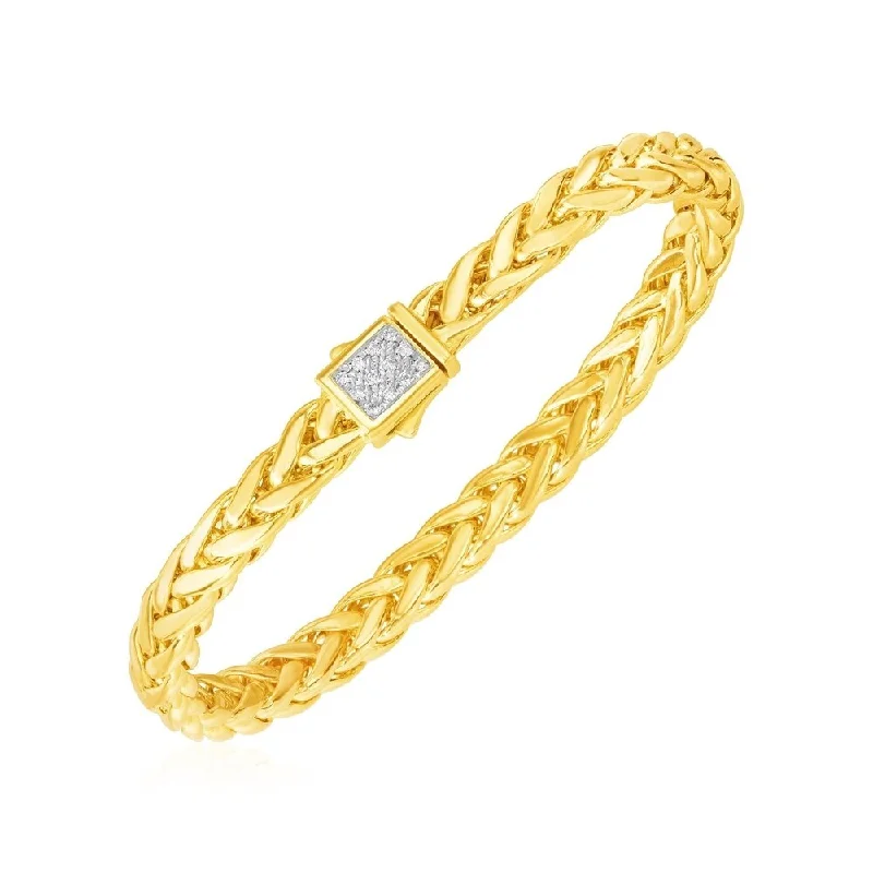 Diamond bangles and bracelets for women -Polished Woven Rope Bracelet with Diamond Accented Clasp in 14k Yellow Gold