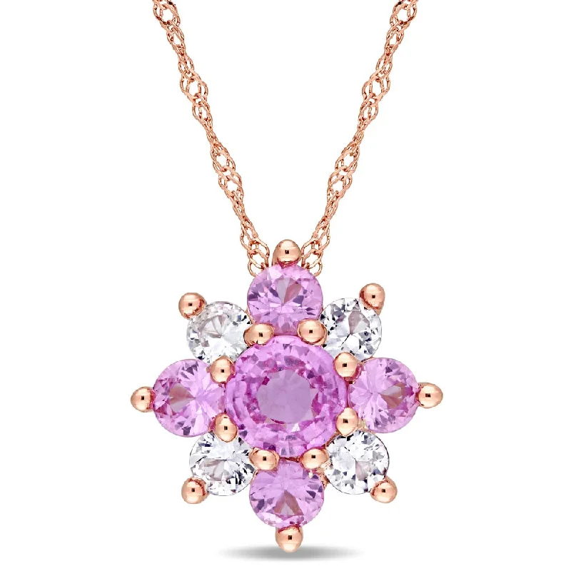 Women chunky necklaces -Miadora Signature Collection 14k Rose Gold Pink and White Sapphire Flower Cluster Necklace