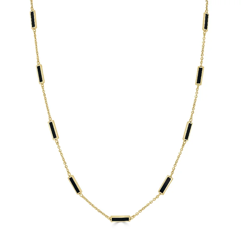 Women bohemian charm necklaces -Joelle Onyx Layered Bar Necklace 18 Inches - 14K Gold Onyx Necklace