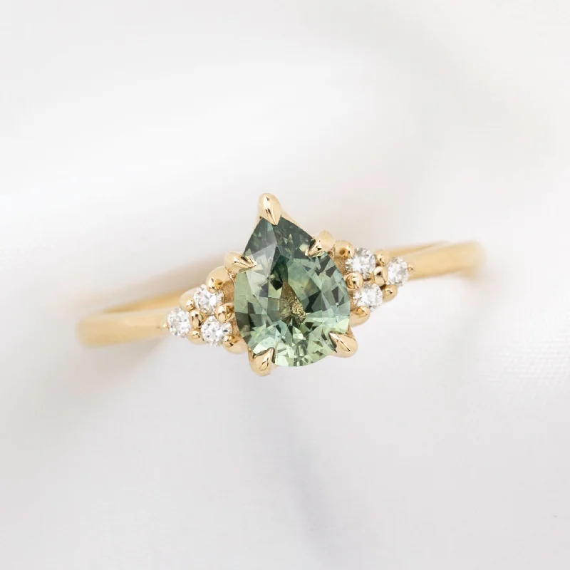 Women classic silver engagement rings -Teresa Ring Light Green Montana Sapphire, 14k Yellow Gold (One of a kind)