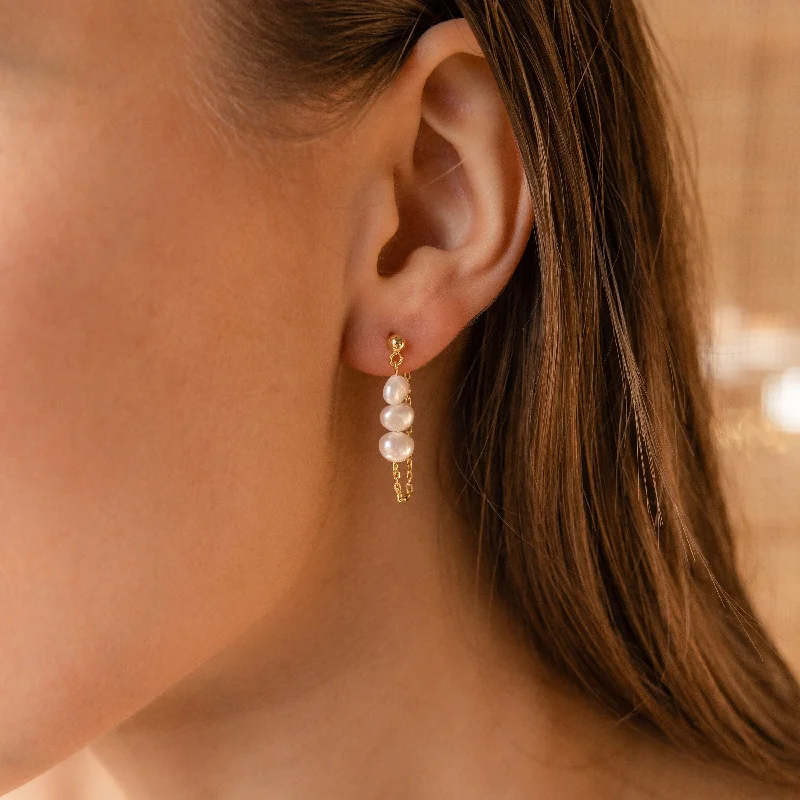 Women modern earrings -Triple Pearl Drop Earrings