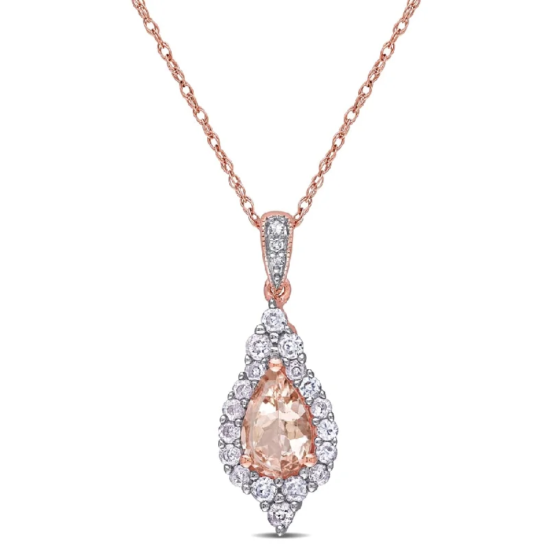 Women gemstone studded necklaces -Miadora 10k Rose Gold Morganite White Sapphire and 1/4ct TDW Diamond Drop Necklace