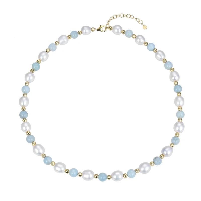 Women chain necklaces -Gold Over Sterling Silver Aquamarine & Cultured Pearl Beaded Necklace