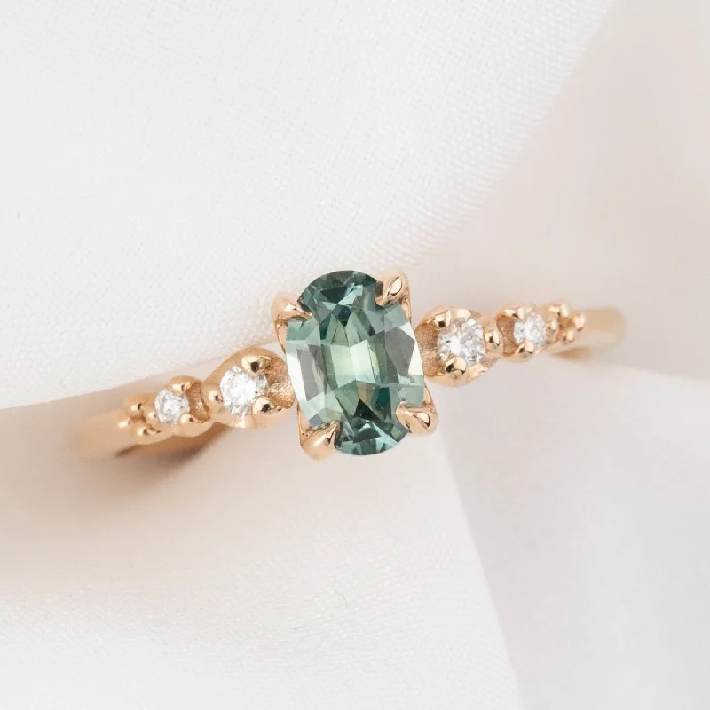 Women art deco engagement rings -Estel Fleur Four Prongs Ring 0.74ct Blue Green Montana Sapphire, 14K Rose Gold (One of a kind)