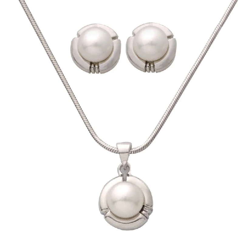 Women chic charm necklaces -Pearl Earring & Necklace Set - Sterling Silver