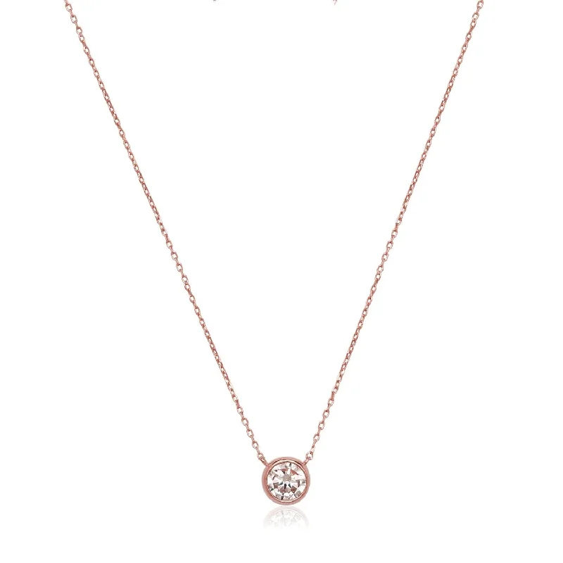 Women oval pendant necklaces -14k Rose Gold Cubic Zirconia Bezel Solitaire Necklace - Pink