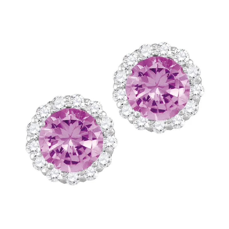 Women gemstone stud earrings -6MM Round Pink Sapphire and White Sapphire Birthstone Halo Stud Earrings in 10KT White Gold