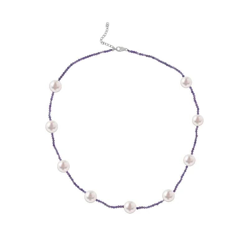 Women classic diamond necklaces -Sterling Silver with Freshwater Pearl and Amethyst Station Necklace