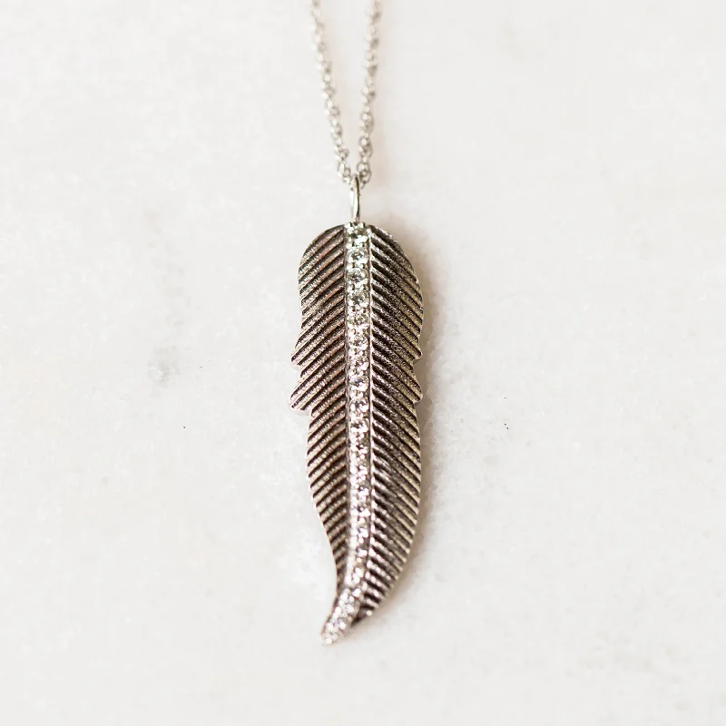 Women silver chain necklaces -Large Diamond Feather Necklace