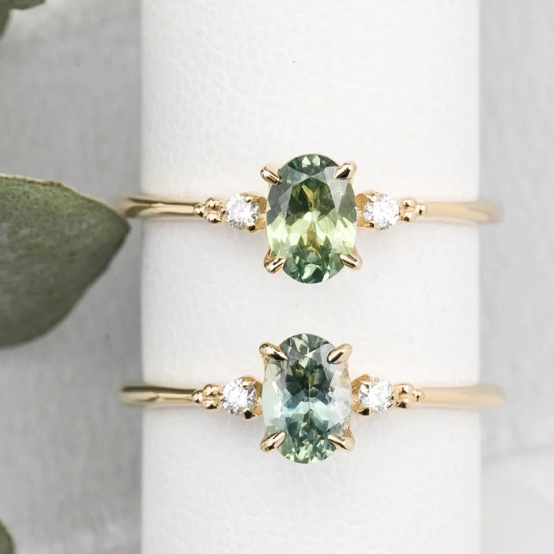 Women gemstone engagement rings set -Estel Ring 6.5mm 0.70ct Oval Light Green Montana Sapphire 14K Yellow Gold