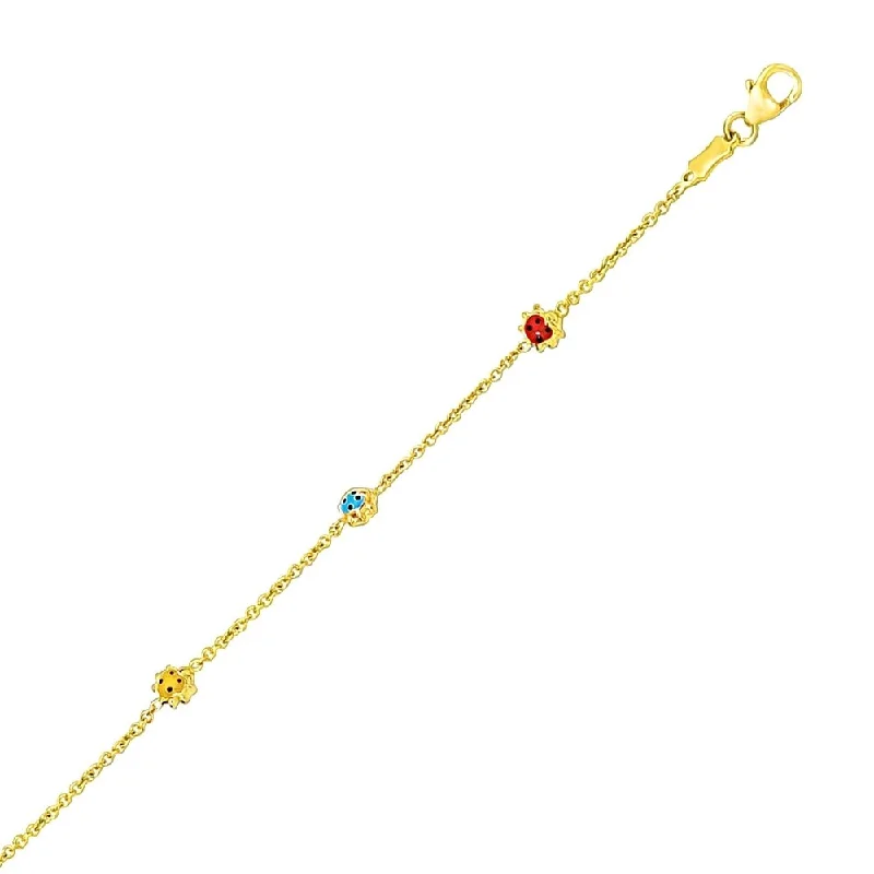 Women elegant bangles and bracelets -14k Yellow Gold Chain Bracelet with Multi-Tone Ladybug Stations